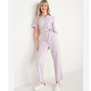 Old Navy Pink Short-Sleeve Cropped Tie-Belt Utility Non-Stretch Jean Jumpsuit 3X